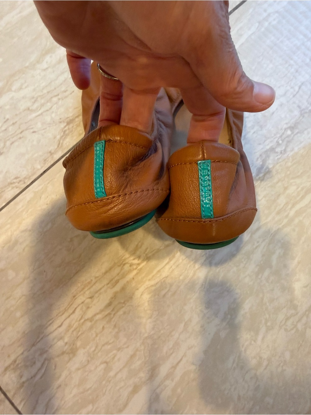 Tieks Brown Leather Ballet Flats with Teal Heel Tab - Picture 4 of 5
